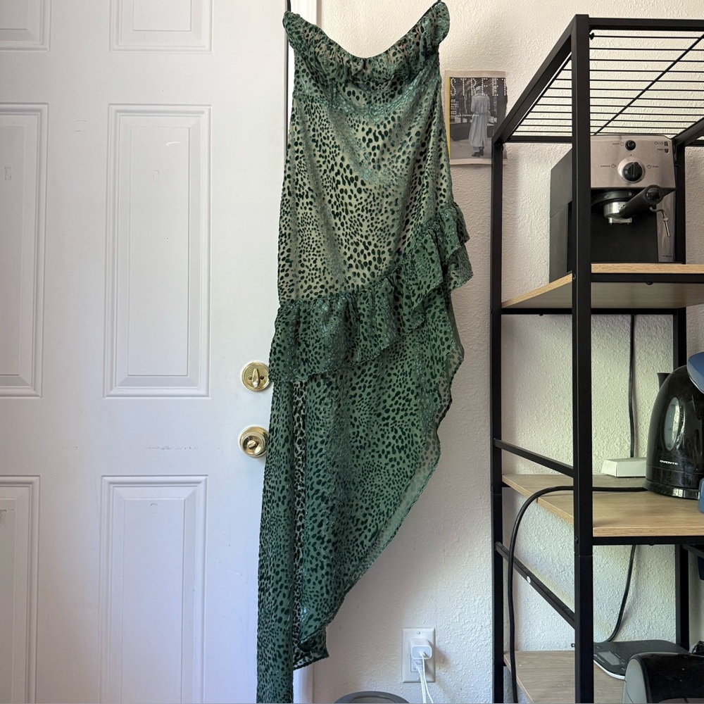 MAJORELLE green velvet burn out sheer ruffle asymmetrical strapless maxi dress